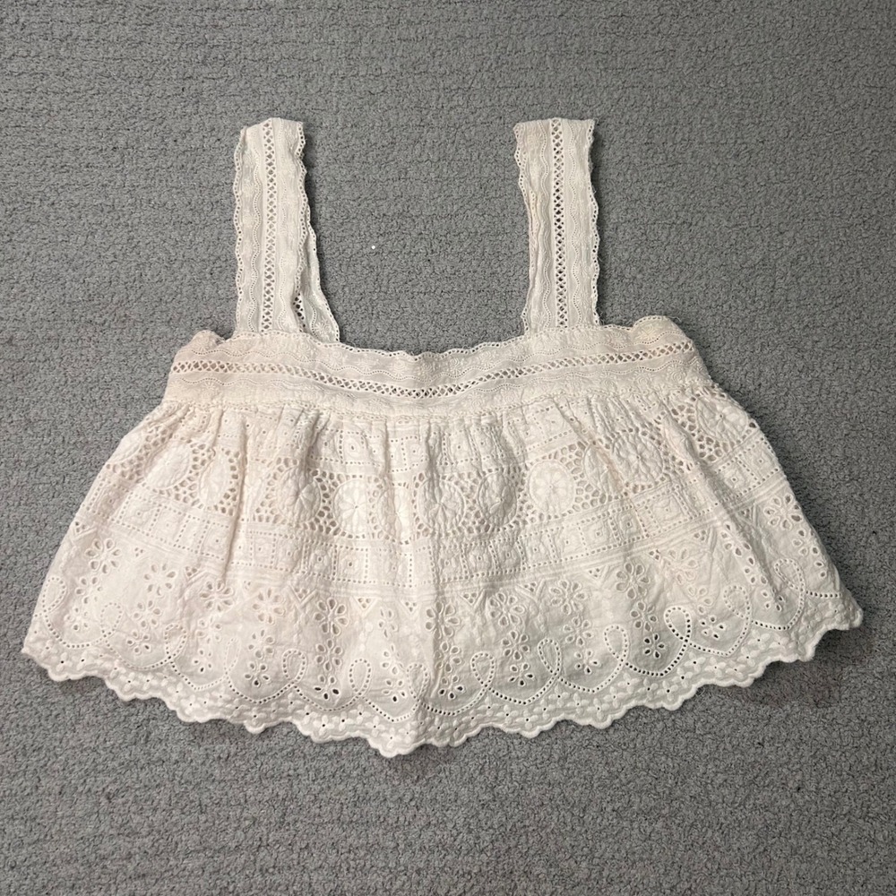 MABLE Crop Top Eyelet Lace Babydoll Small White Cottagecore Boho Festival Summer
